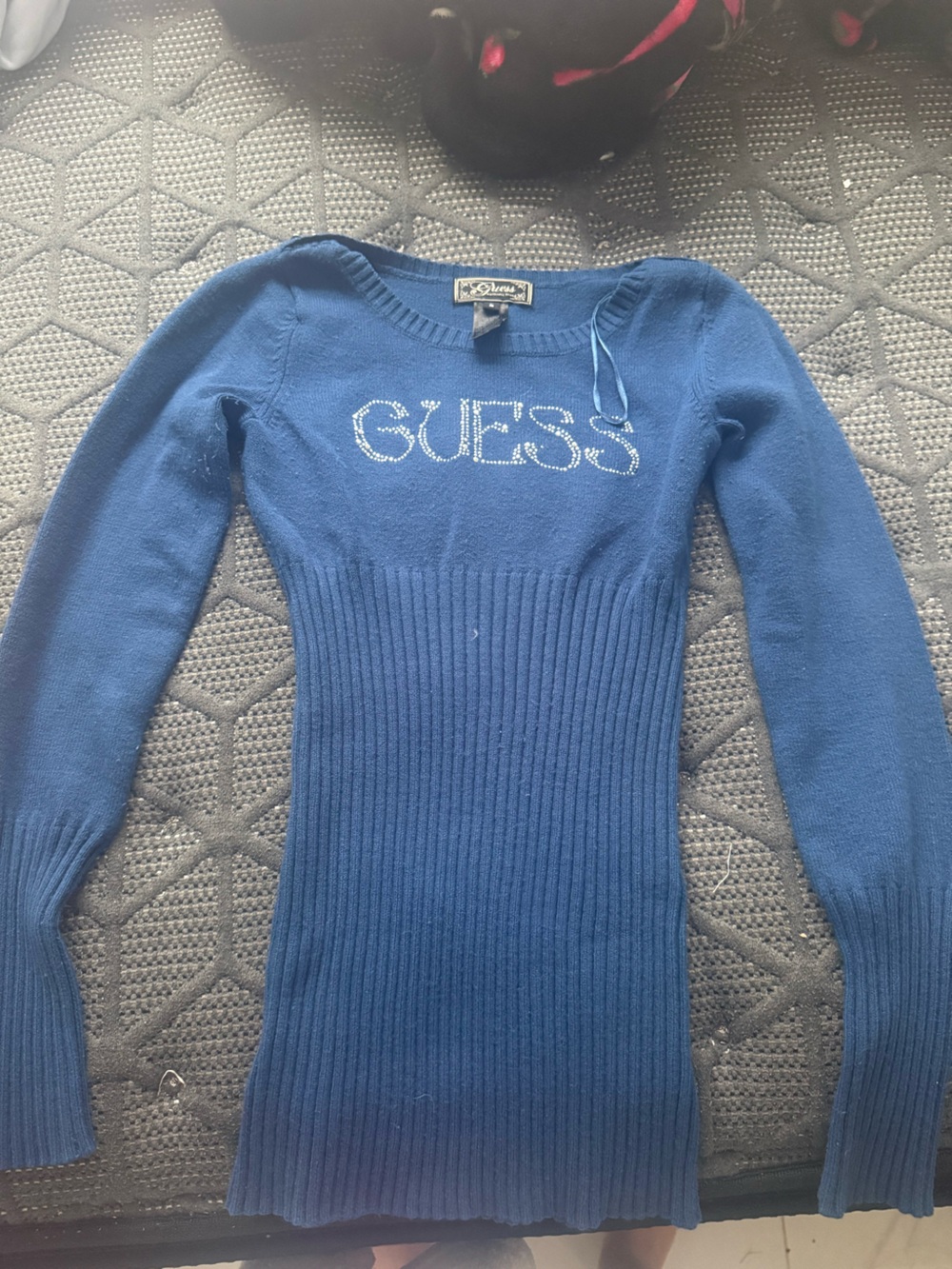 Vintage Guess Blue Rhinestone Logo Knit Sweater